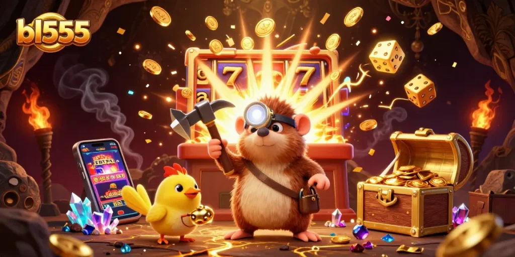 Experience thrilling gaming at bl555 with a vibrant scene of treasure hunting amid casino excitement.