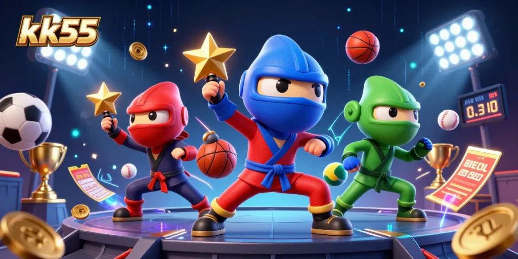 Watch the kk55 ninja chameleon team performing thrilling martial arts in a vibrant 3D casino scene.