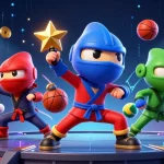 Watch the kk55 ninja chameleon team performing thrilling martial arts in a vibrant 3D casino scene.