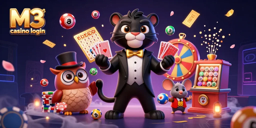 Experience exciting gameplay with M3 casino login featuring a stylish panther, wise owl, and lucky mouse.