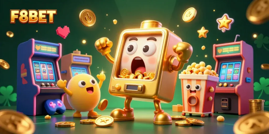 Experience F8BET's thrilling jackpot moments with colorful slot machines and arcade elements.